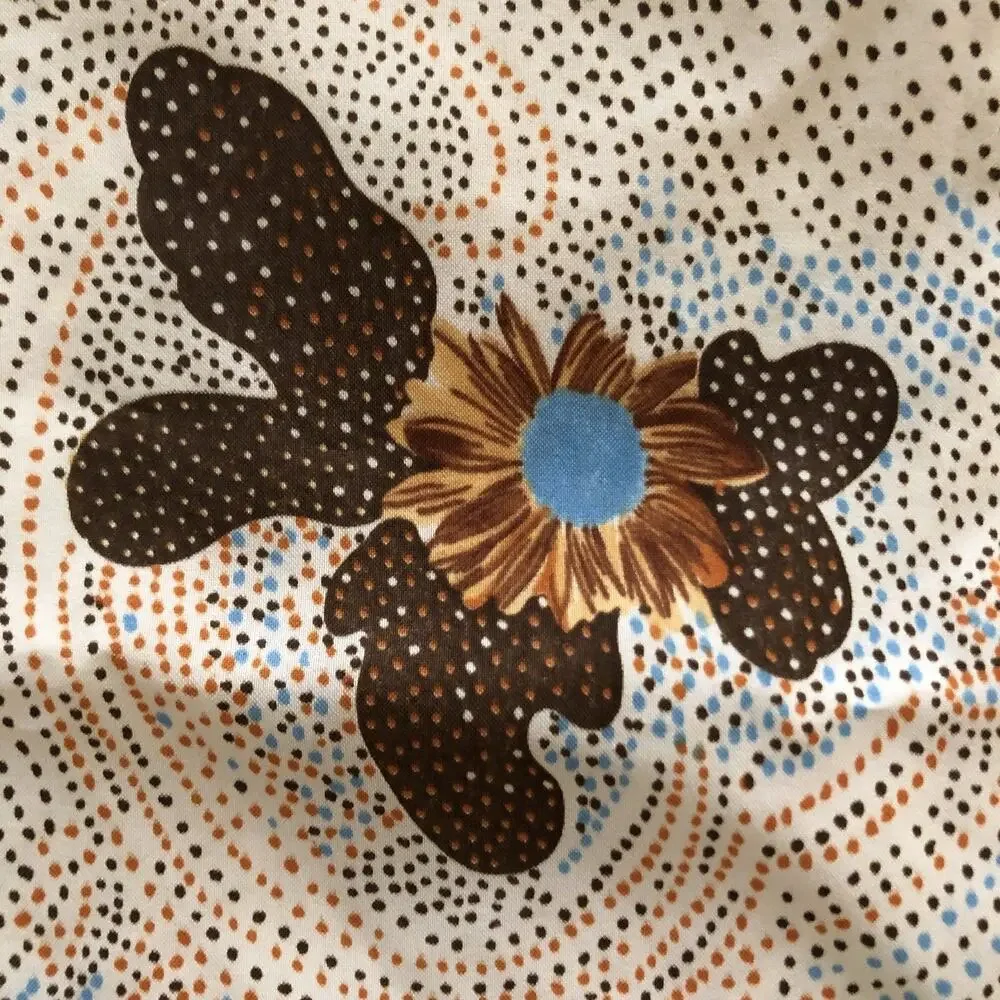 Vintage Brown & Blue Floral Polyester Scarf Flowers Polka Dots Square 21.5in